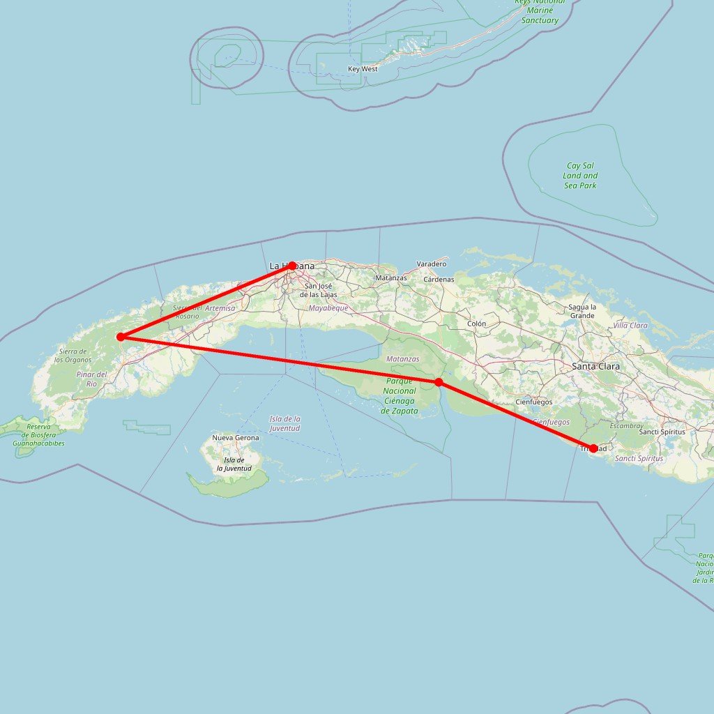 Carte de l'itinéraire du circuit Cuba en itinérance motorisée : de La Havane à Trinidad en passant par Viñales, Cienfuegos et la Baie des Cochons en Cuba