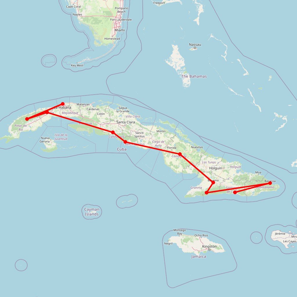 Carte de l'itinéraire du circuit d’ouest en est : de la Havane à Santiago à Viñales, Topes de Collantes, El Nicho, Baracoa et La Comandancia en Cuba