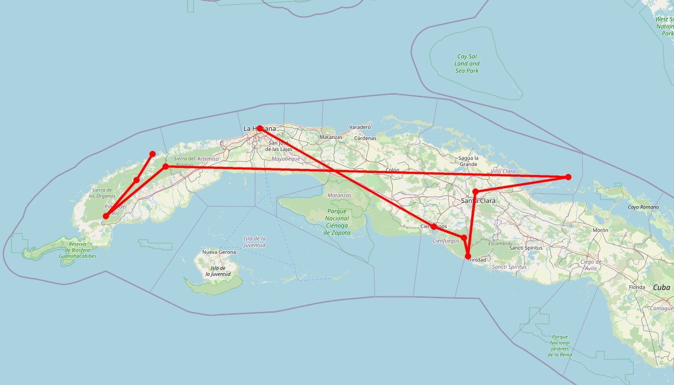 Carte de l'itinéraire du circuit Circuit Cuba en mouvement: Randonnées, cascades, salsa et immersion culturelle dans l’Ouest cubain en Cuba