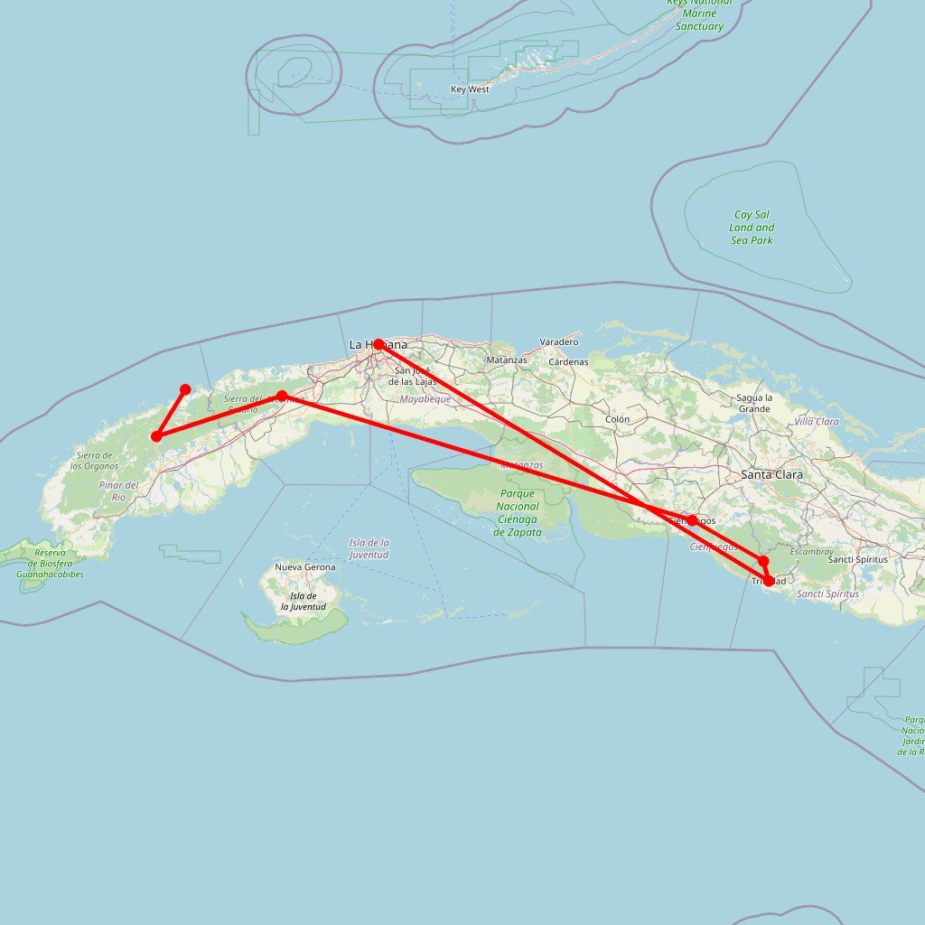 Carte de l'itinéraire du circuit Cuba en amoureux: itinéraire romantique en autotour de La Havane à Viñales, entre nature, culture et plages idylliques en Cuba