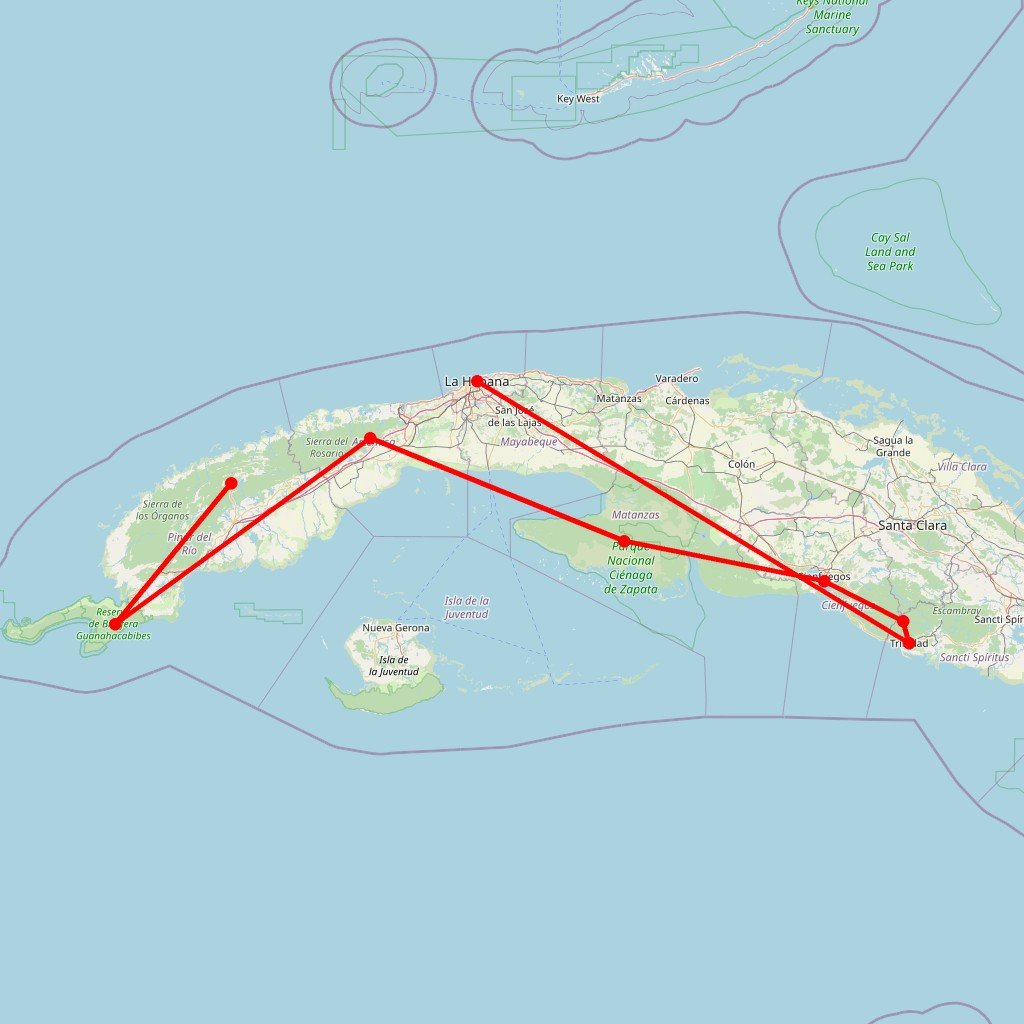 Carte de l'itinéraire du circuit Voyage d'observation ornithologique à Cuba : immersion avifaune à Topes de Collantes, Guanahacabibes, Viñales et Ciénaga de Zapata en Cuba