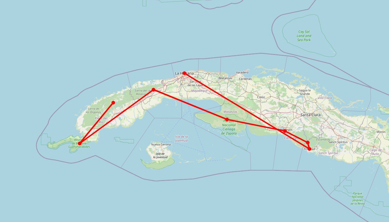 Carte de l'itinéraire du circuit Circuit Voyage d'observation ornithologique à Cuba : immersion avifaune à Topes de Collantes, Guanahacabibes, Viñales et Ciénaga de Zapata en Cuba