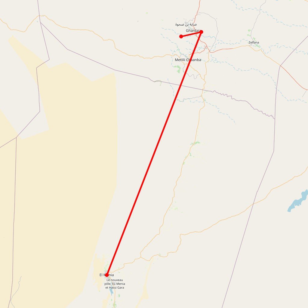 Carte de l'itinéraire du circuit Ghardaïa et El Goléa : exploration des Trésors du Sud en Algérie