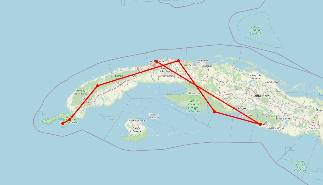 Carte de l'itinéraire du circuit Circuit Immersion plongée à Cuba: des fonds marins de l'île jusqu'aux joyaux de Guanahacabibes en Cuba