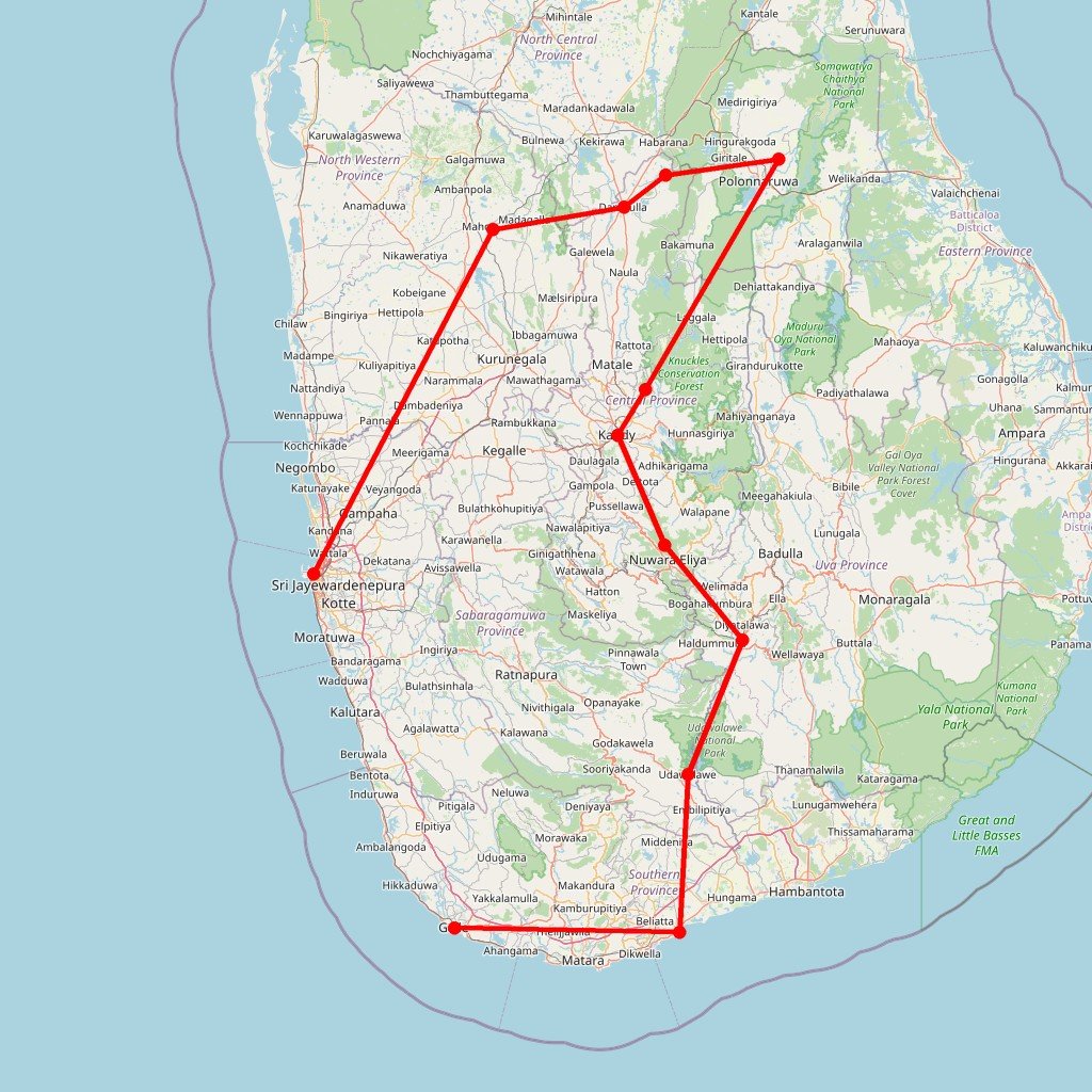 Carte de l'itinéraire du circuit en tuk-tuk au Sri Lanka : Negombo à Tangalle via le triangle culturel et les Knuckles en Sri Lanka