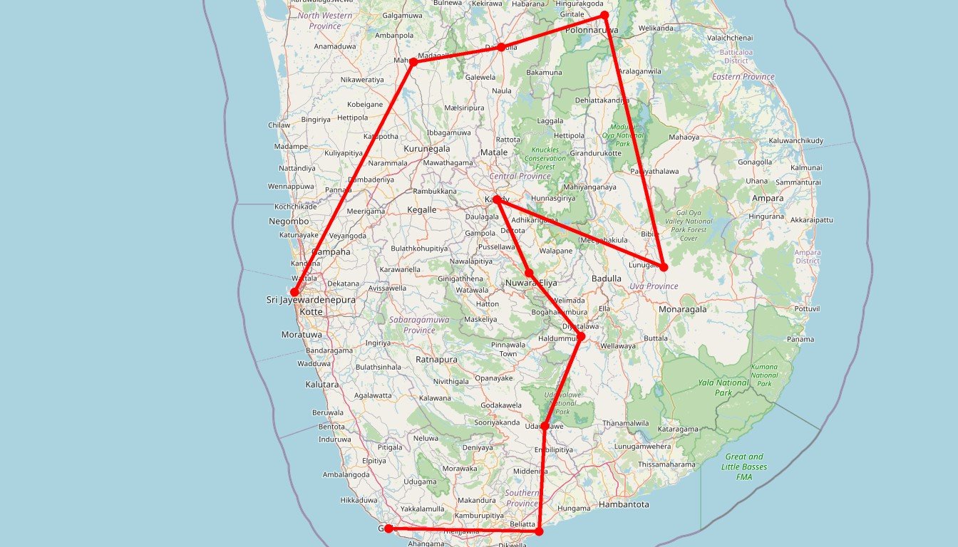 Carte de l'itinéraire du circuit Circuit en tuk-tuk au Sri Lanka : Negombo à Tangalle via le triangle culturel et les Knuckles en Sri Lanka