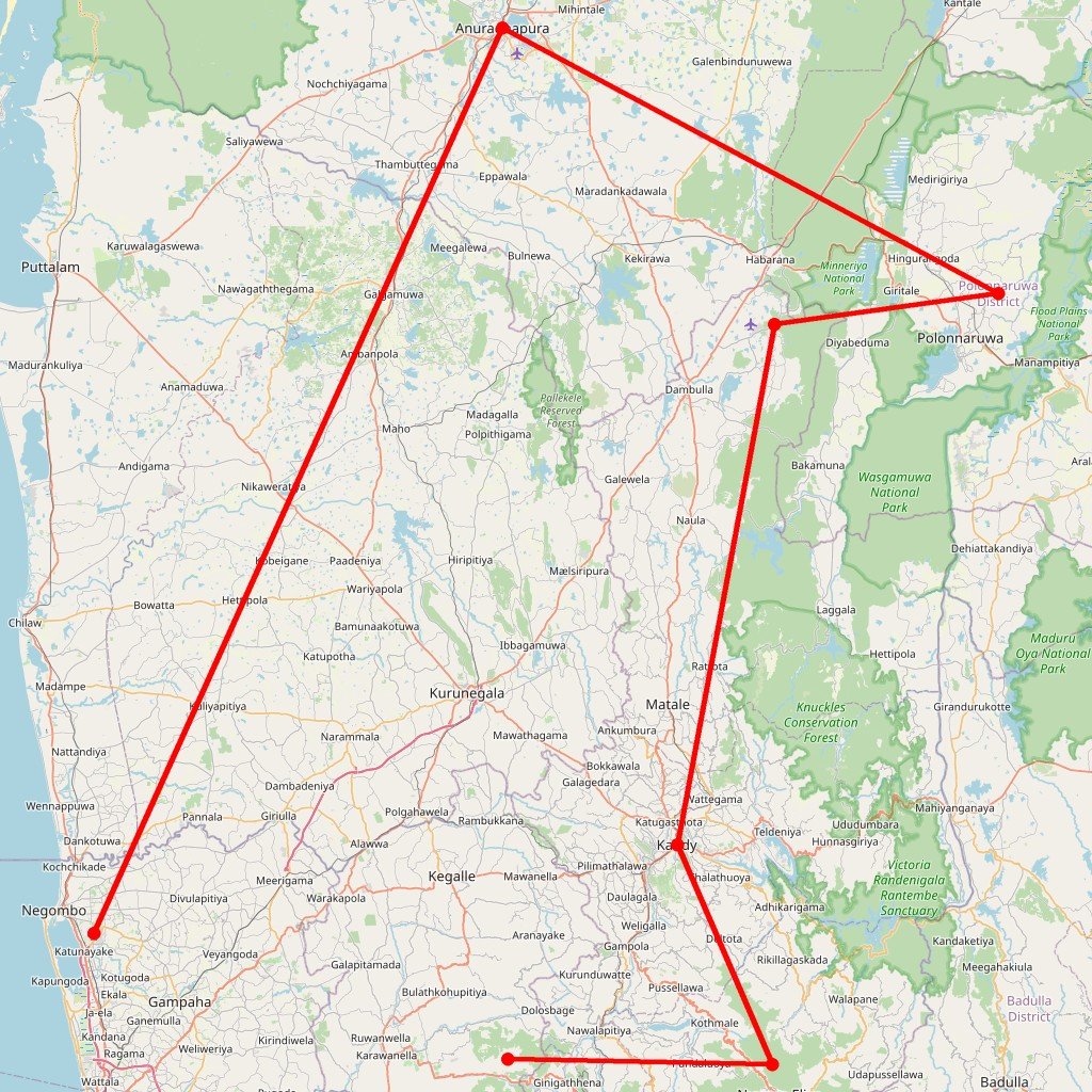 Carte de l'itinéraire du circuit Sri Lanka en 10 jours : trésors culturels et plantations de thé avec chauffeur privé en Sri Lanka