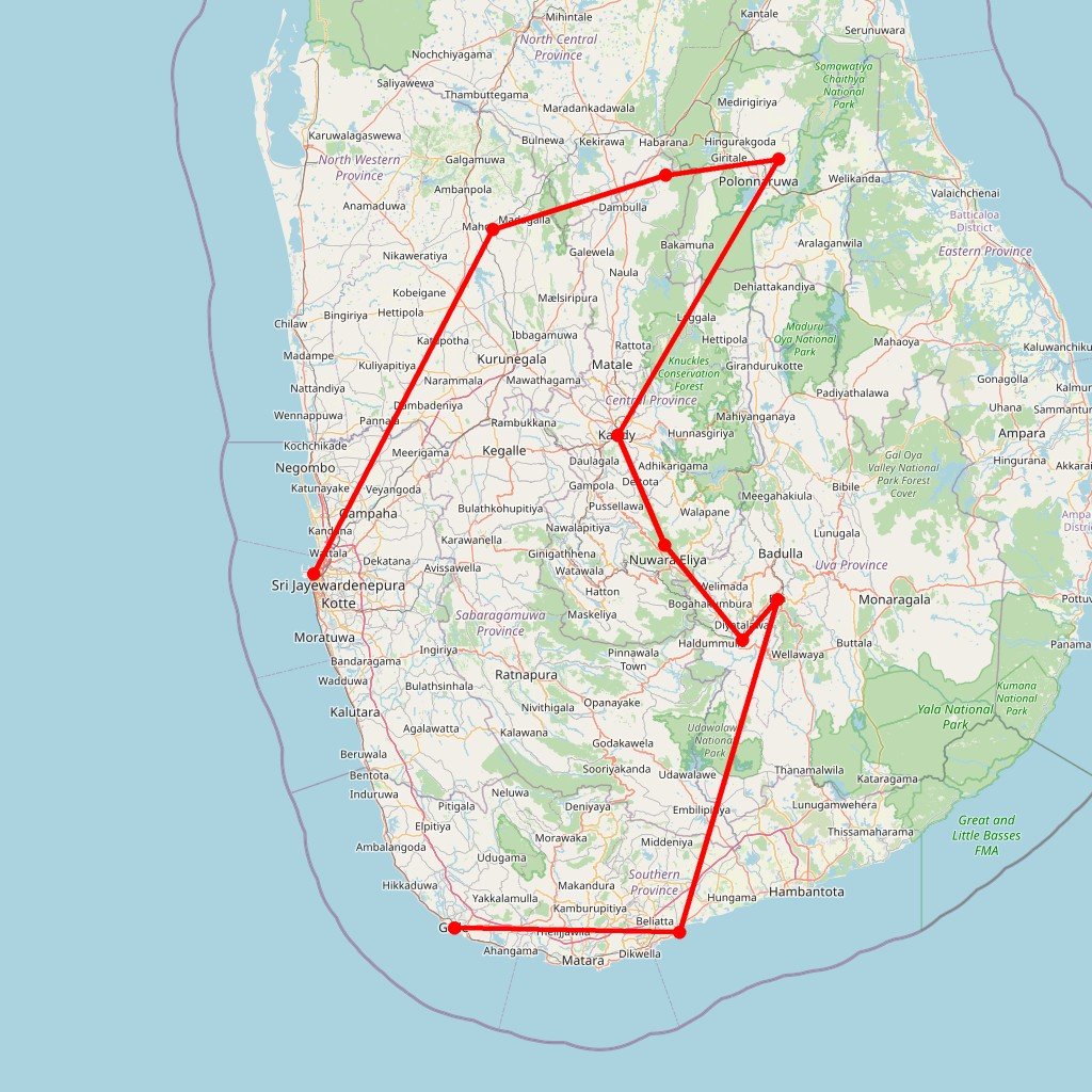 Carte de l'itinéraire du circuit Sri Lanka en 15 jours : culture, randos, nuits authentiques, safari et plages du sud en Sri Lanka