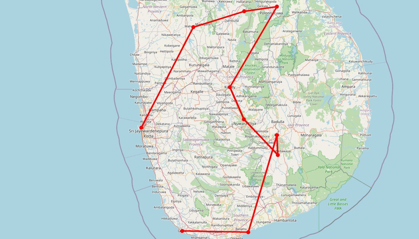 Carte de l'itinéraire du circuit Circuit Sri Lanka en 15 jours : culture, randos, nuits authentiques, safari et plages du sud en Sri Lanka