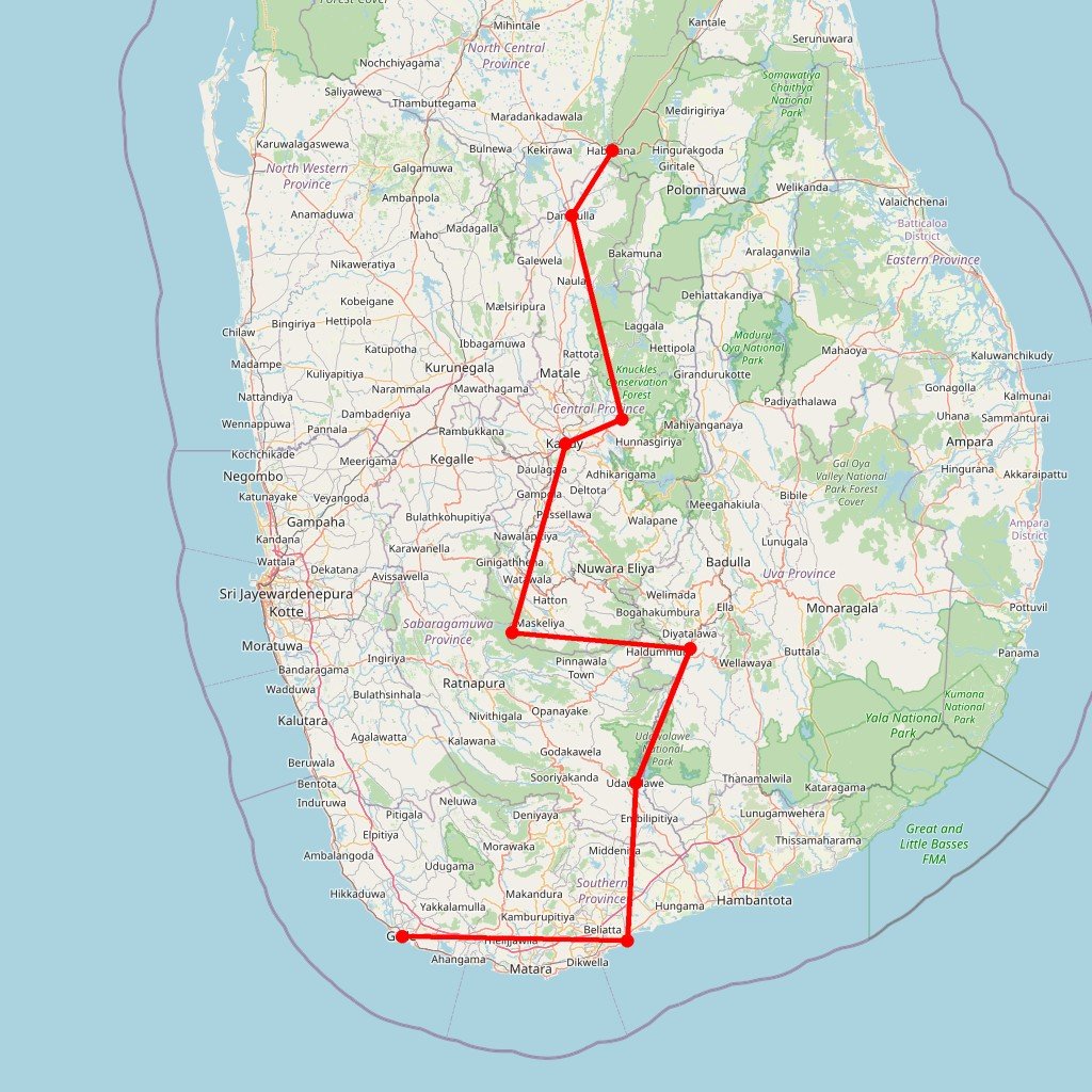Carte de l'itinéraire du circuit Ascension d'Adam's Peak et immersion sri-lankaise : trek, plantations et littoral en Sri Lanka