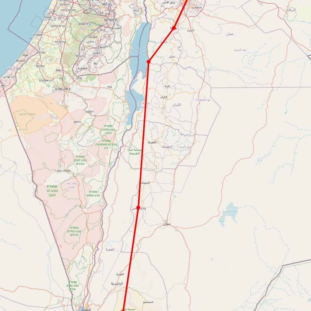 Carte de l'itinéraire du circuit automobile en Jordanie : d'Amman à Pétra via la Mer Morte et le Wadi Rum en Jordanie