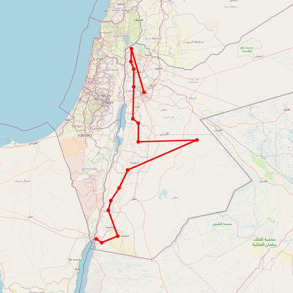 Carte de l'itinéraire du circuit Randonner sur le Jordan Trail : d'Um Qais à la mer Rouge, une traversée sauvage de la Vallée du Jourdain en Jordanie