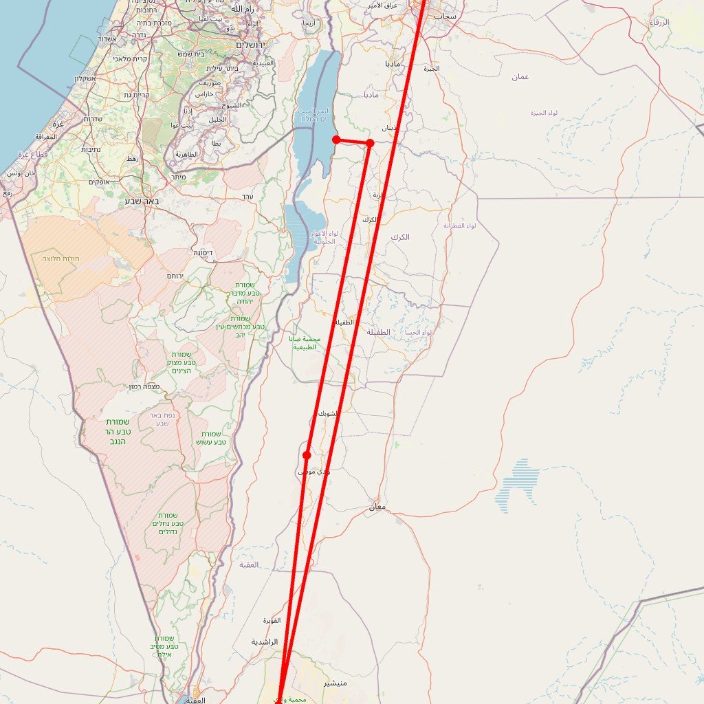 Carte de l'itinéraire du circuit Aventure pédestre en Jordanie: Dana, Pétra et Wadi Rum avec bivouac, en passant par la Mer Morte en Jordanie