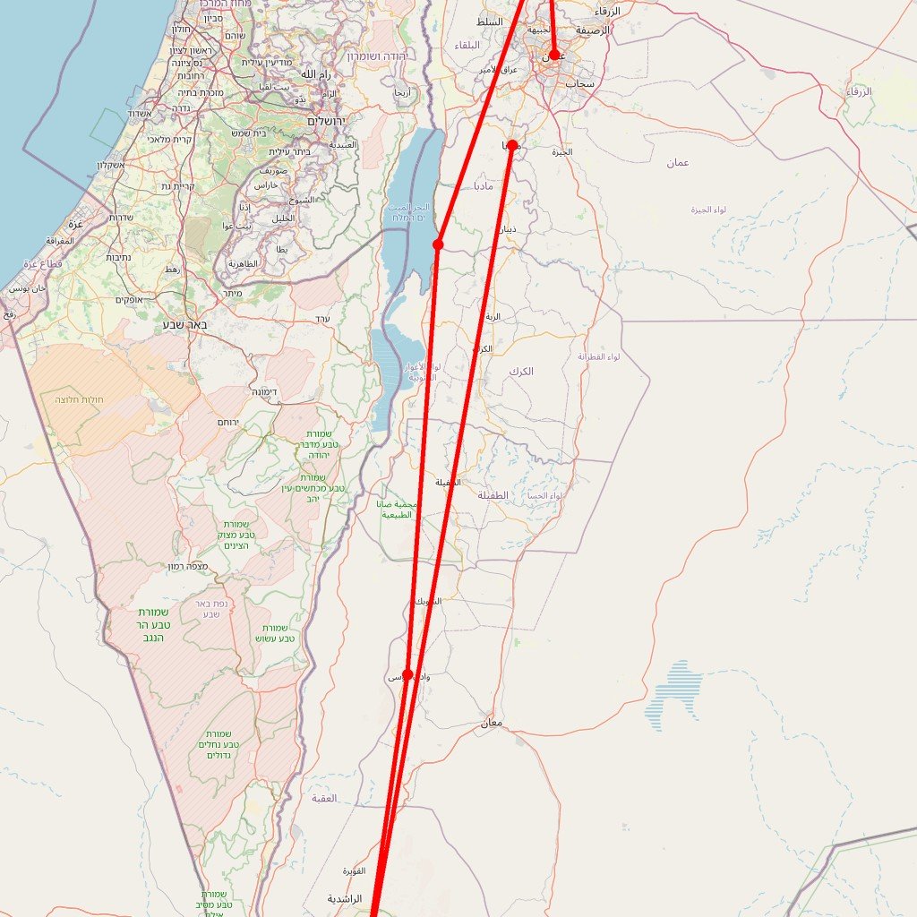 Carte de l'itinéraire du circuit Aventure jordanienne en petit groupe : Pétra, Wadi Rum et Mer Morte en Jordanie