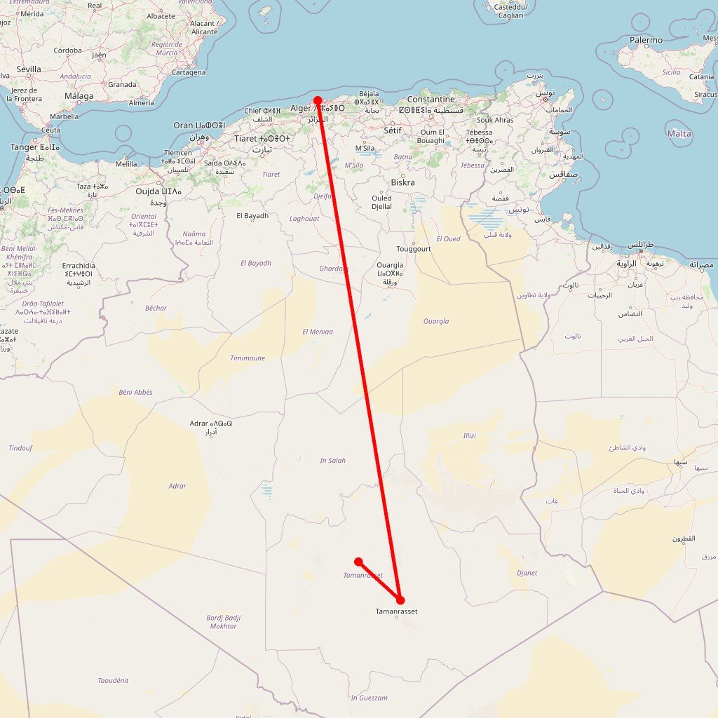 Carte de l'itinéraire du circuit Trek au sommet de l’Assekrem (2649m) et du Mont Tahat (2908m) au Hoggar en Algérie