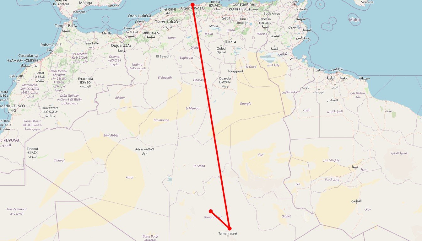 Carte de l'itinéraire du circuit Circuit Trek au sommet de l’Assekrem (2649m) et du Mont Tahat (2908m) au Hoggar en Algérie