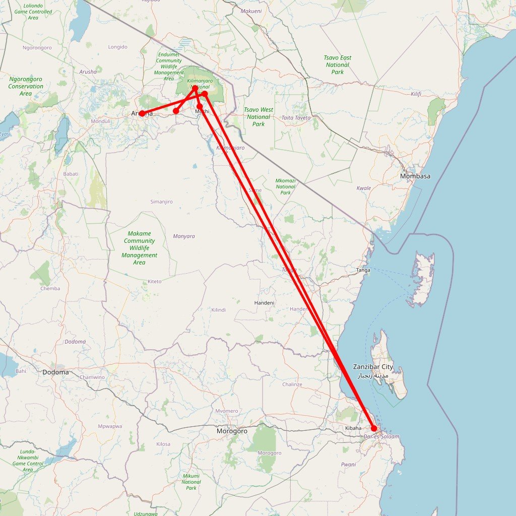 Carte de l'itinéraire du circuit Ascension du Kilimandjaro par la voie Machame en Tanzanie