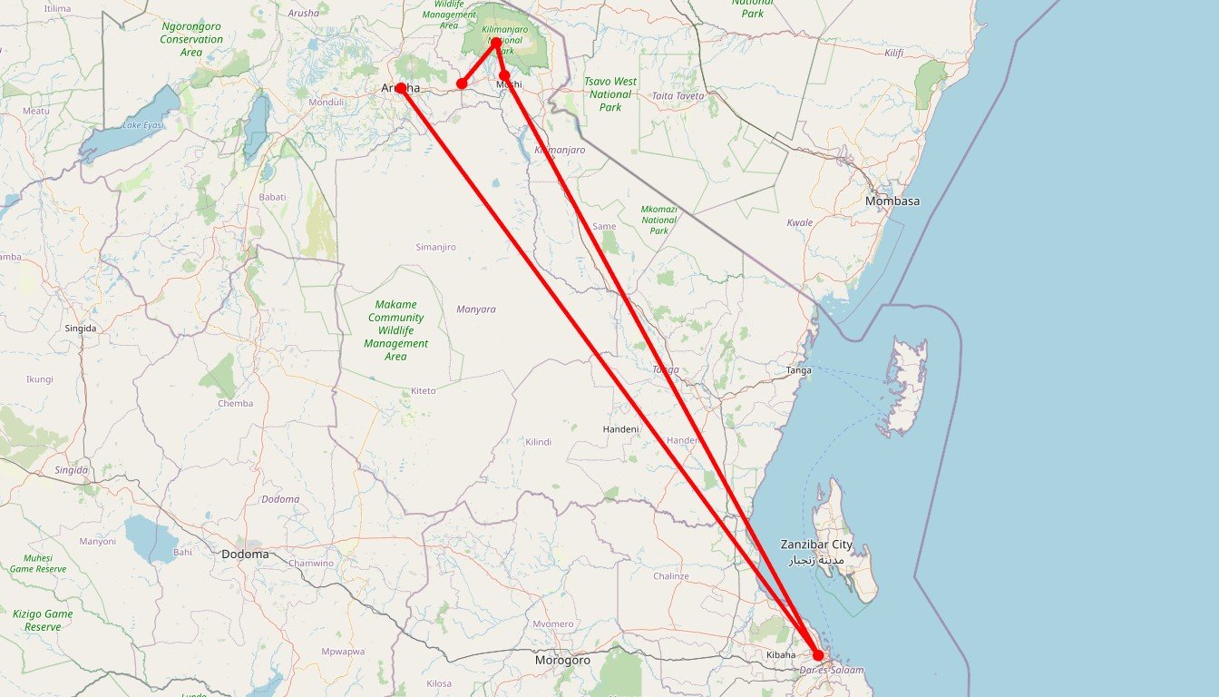 Carte de l'itinéraire du circuit Circuit Trekking groupé Kilimandjaro par la voie Machame en Tanzanie
