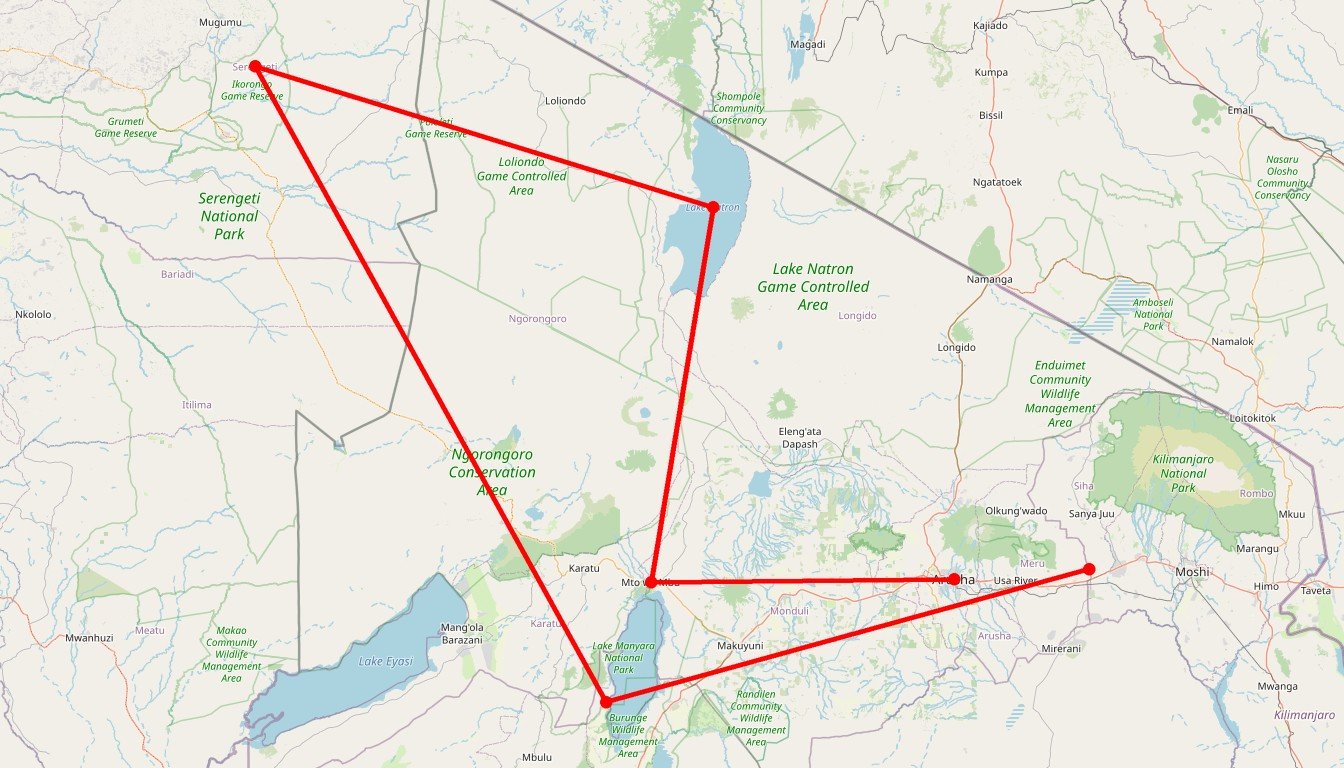 Carte de l'itinéraire du circuit Safari Privatif Shikamoo en Tanzanie