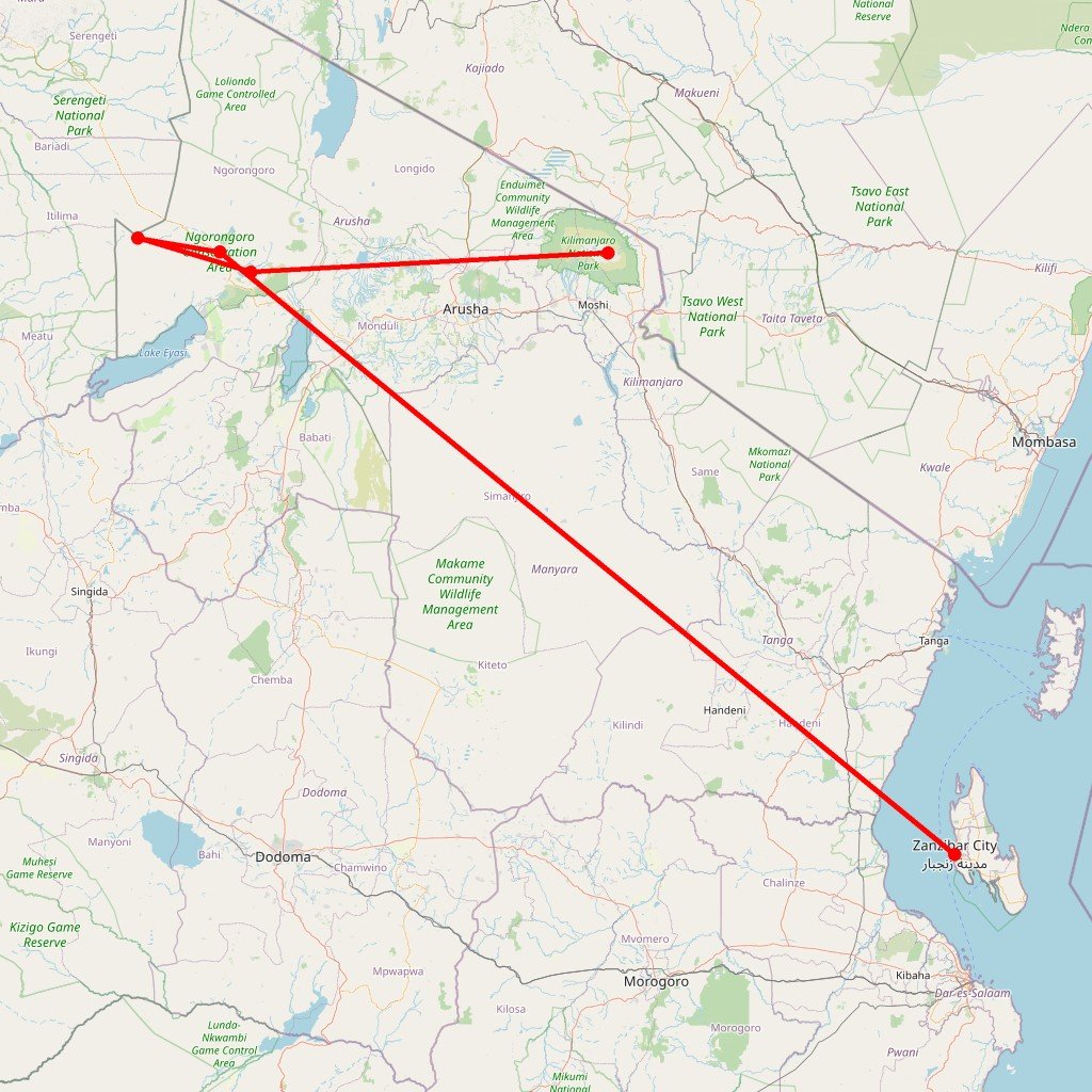 Carte de l'itinéraire du safari Lune de miel en Tanzanie en Tanzanie