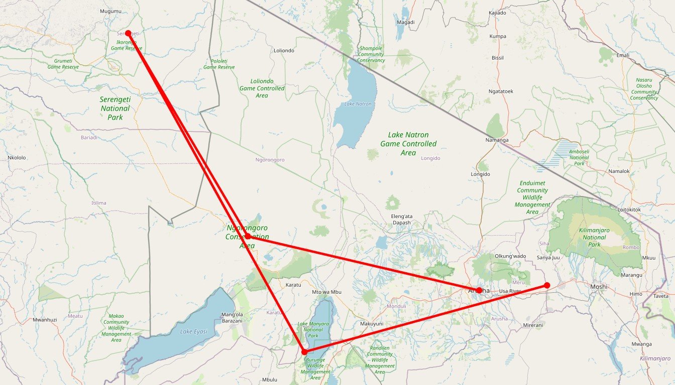 Carte de l'itinéraire du circuit Safari privatif Hakuna Matata en Tanzanie