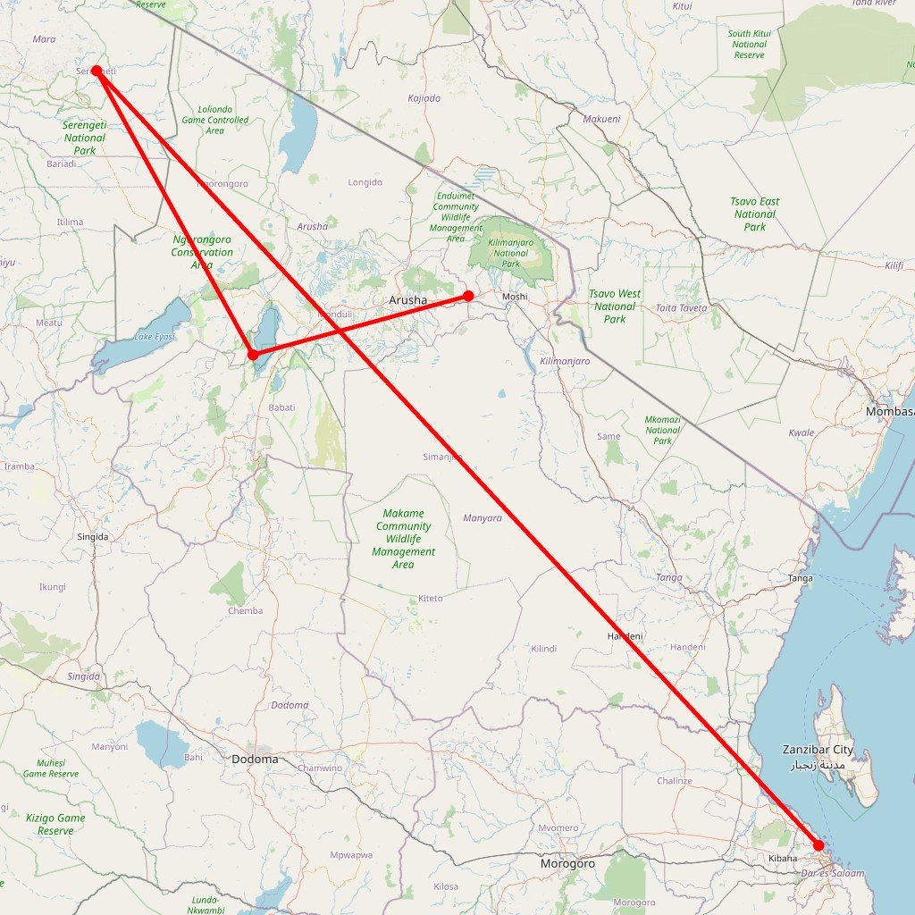Carte de l'itinéraire du safari groupé Hakuna Matata en Tanzanie
