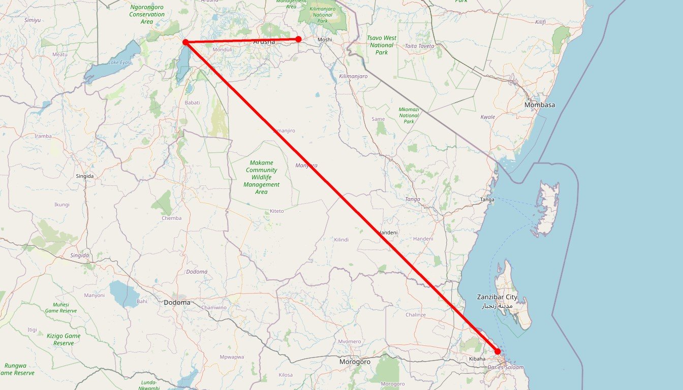 Carte de l'itinéraire du circuit Safari groupé Karibuni en Tanzanie