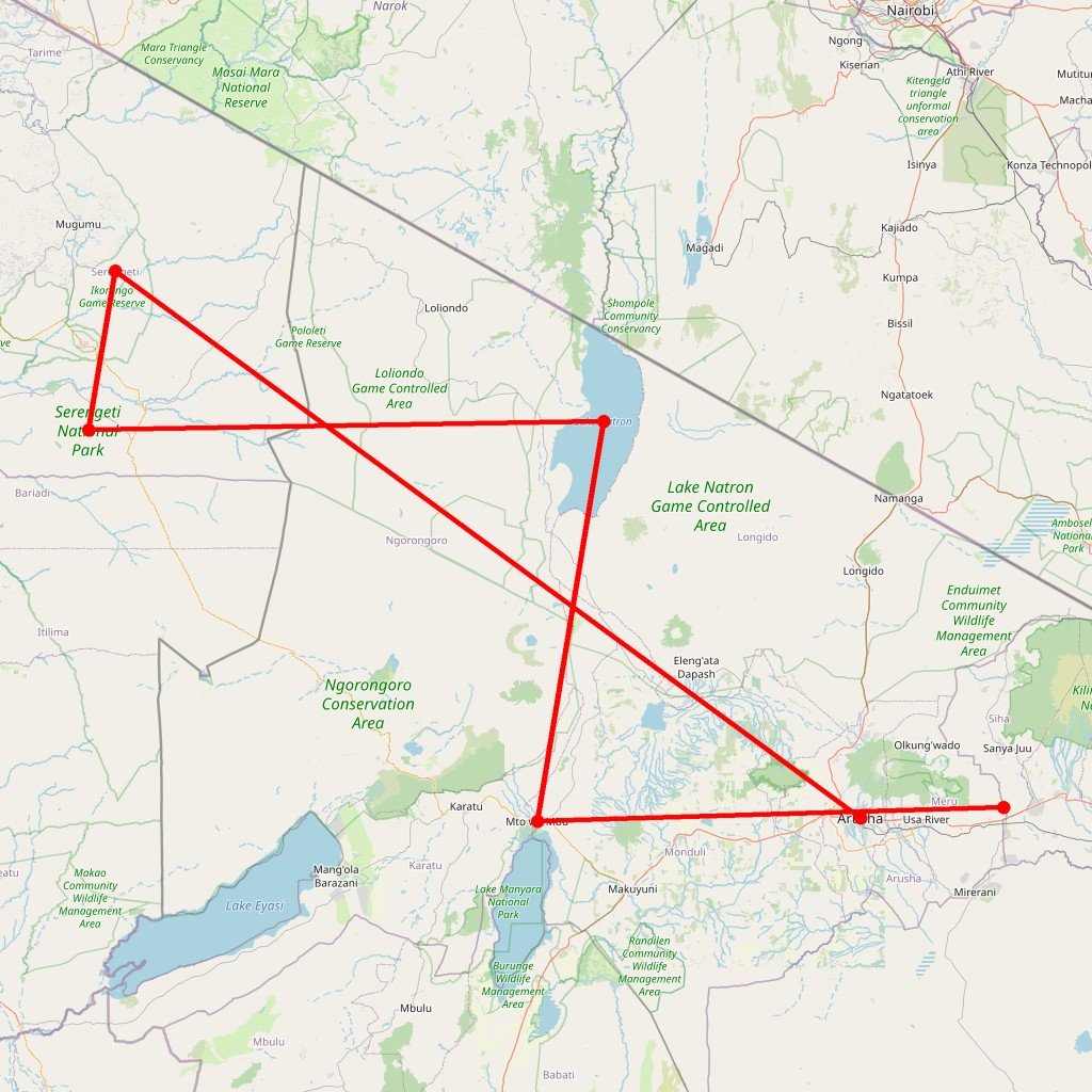 Carte de l'itinéraire du safari groupé Esprit de Tanzanie en Tanzanie