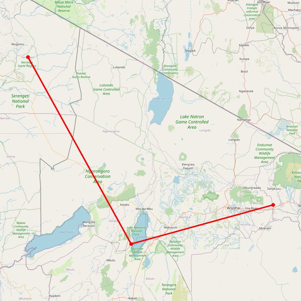 Carte de l'itinéraire du safari Escape Safari et Zanzibar en Tanzanie