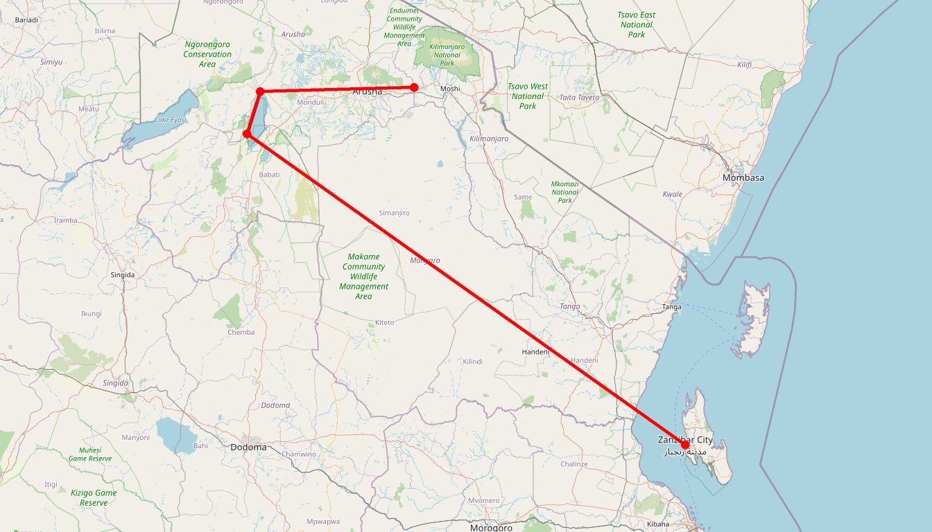 Carte de l'itinéraire du circuit Safari en Tanzanie en Famille en Tanzanie