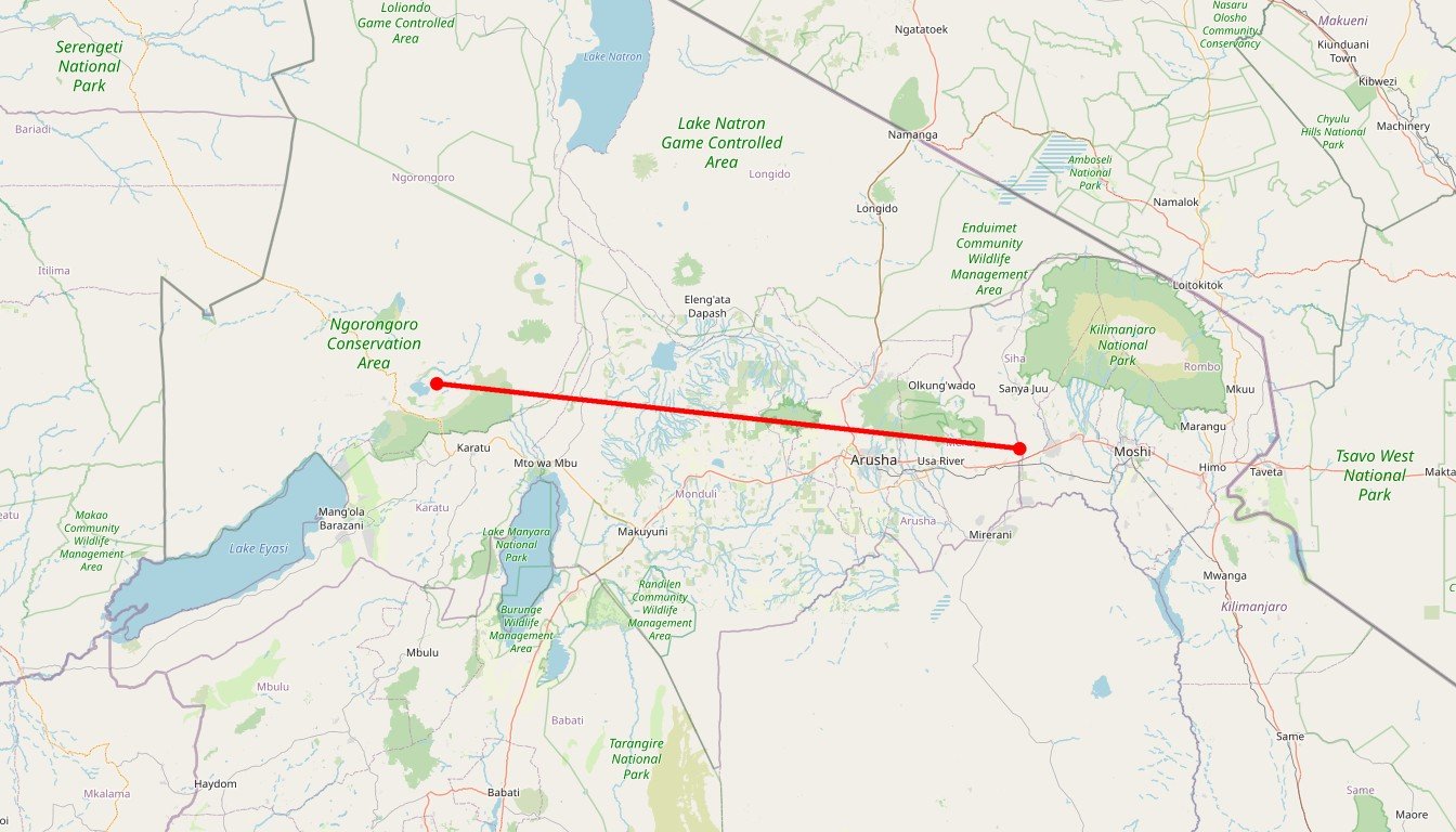 Carte de l'itinéraire du circuit Safari Karibuni 4 jours en Tanzanie