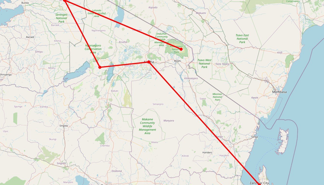 Carte de l'itinéraire du circuit Safari privatif 15 jours Parc du Nord et Zanzibar en Tanzanie