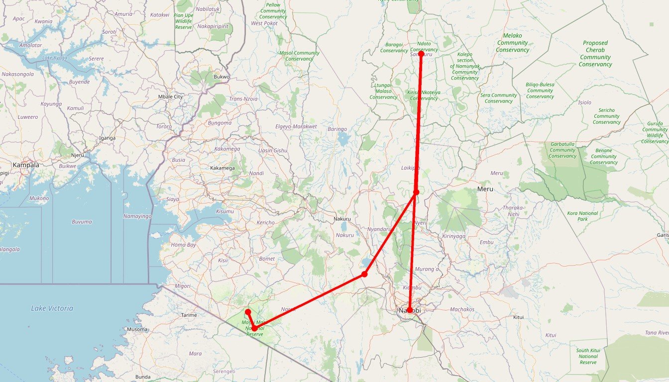 Carte de l'itinéraire du circuit Safari Merveilles du Kenya en Kenya