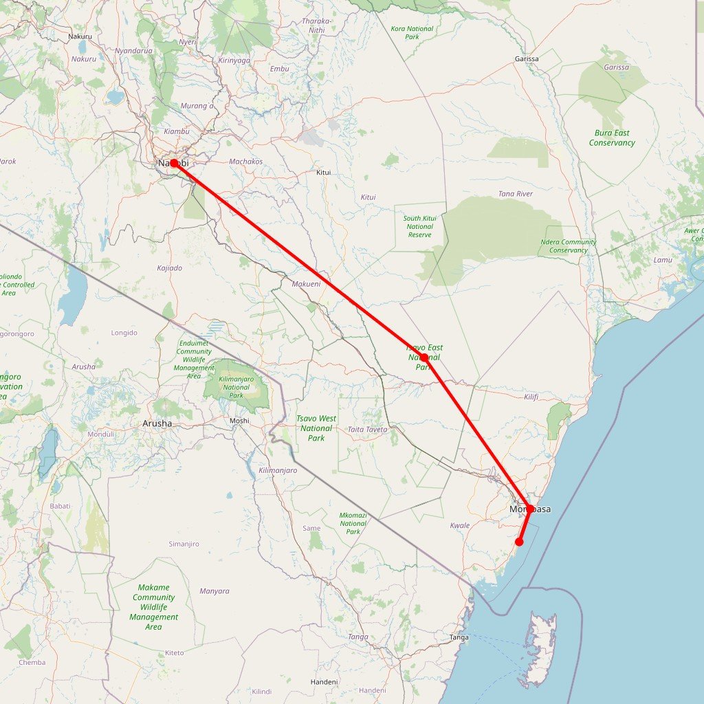 Carte de l'itinéraire du safari en Terres Africaines et Plages de l’Océan indien en Kenya