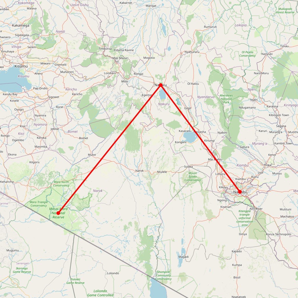 Carte de l'itinéraire du safari Grands Parcs du Kenya en Kenya