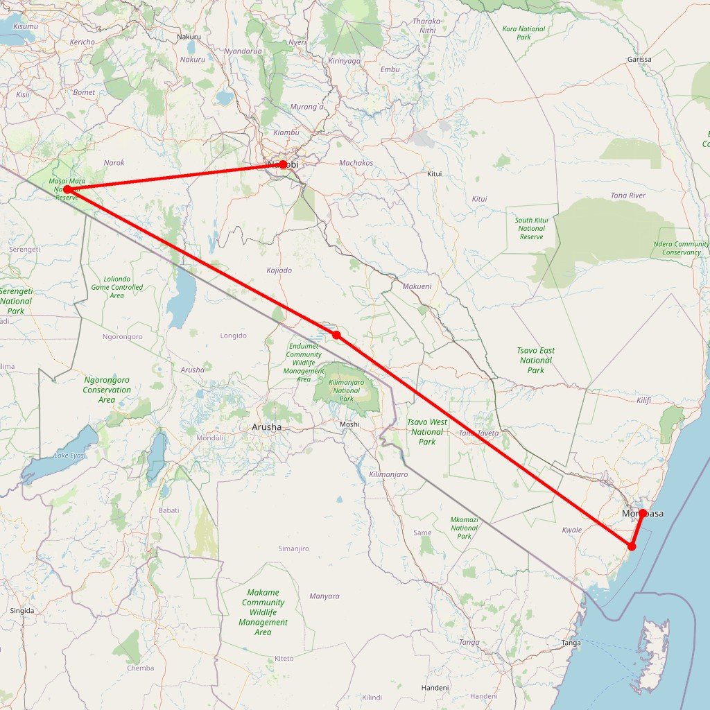 Carte de l'itinéraire du safari Big Five en Kenya