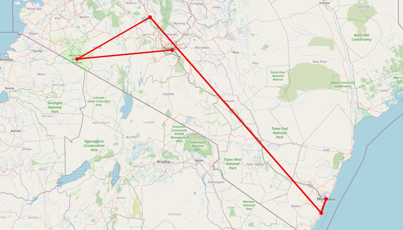 Carte de l'itinéraire du circuit Safari Big Five en Kenya