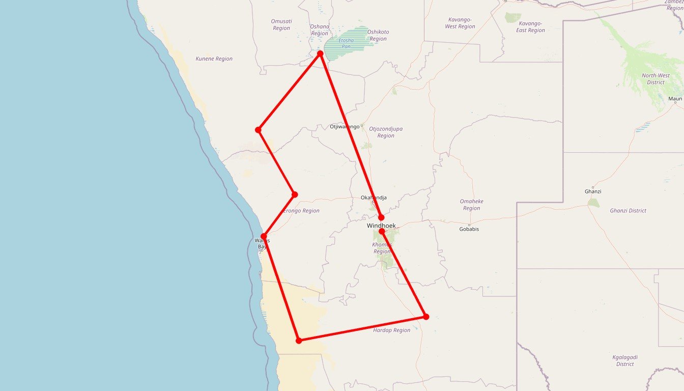 Carte de l'itinéraire du circuit Autotour en Namibie : Road Trip du Désert du Kalahari à Etosha en Namibie