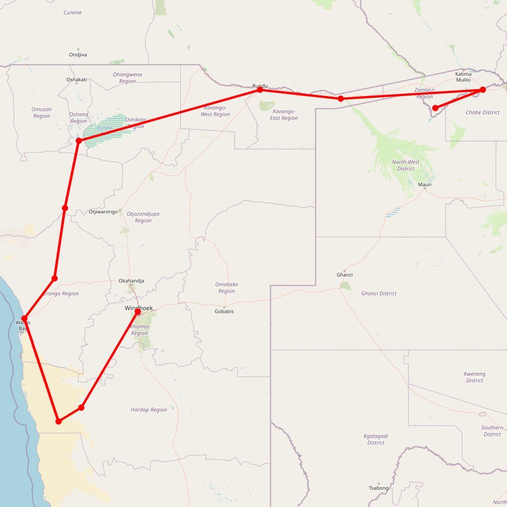 Carte de l'itinéraire du circuit de la Namibie aux Chutes Victoria tout en Lodge en Namibie