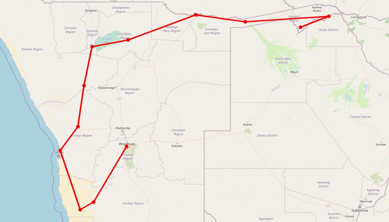 Carte de l'itinéraire du circuit Circuit de la Namibie aux Chutes Victoria tout en Lodge en Namibie