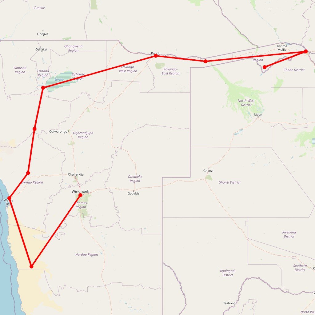 Carte de l'itinéraire du circuit Namibie Okavango Botswana en Namibie