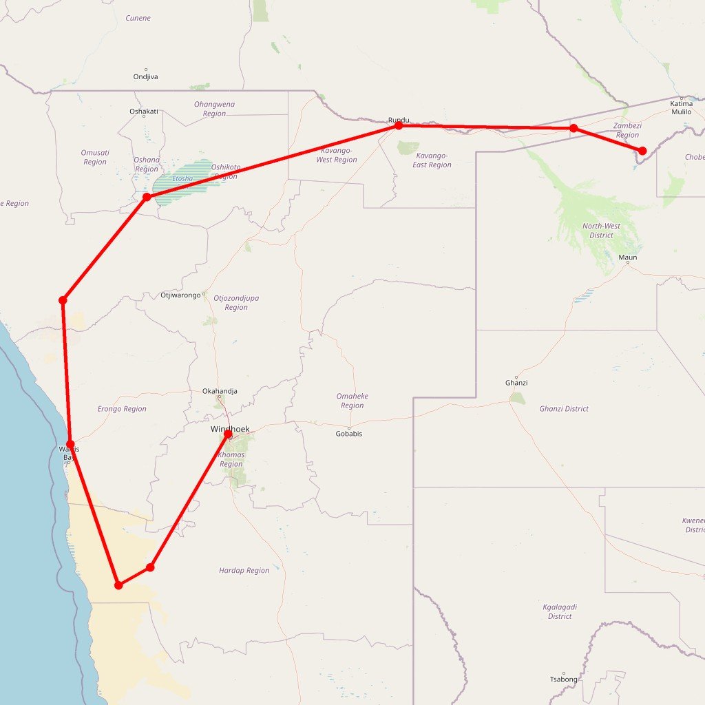 Carte de l'itinéraire du circuit De la Namibie aux Chutes Victoria en Namibie