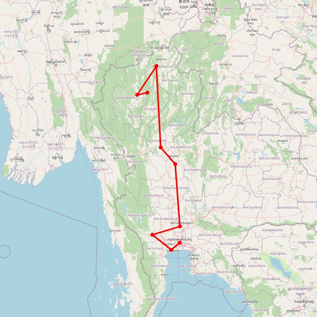 Carte de l'itinéraire du circuit Balade Thaïlandaise en Thaïlande