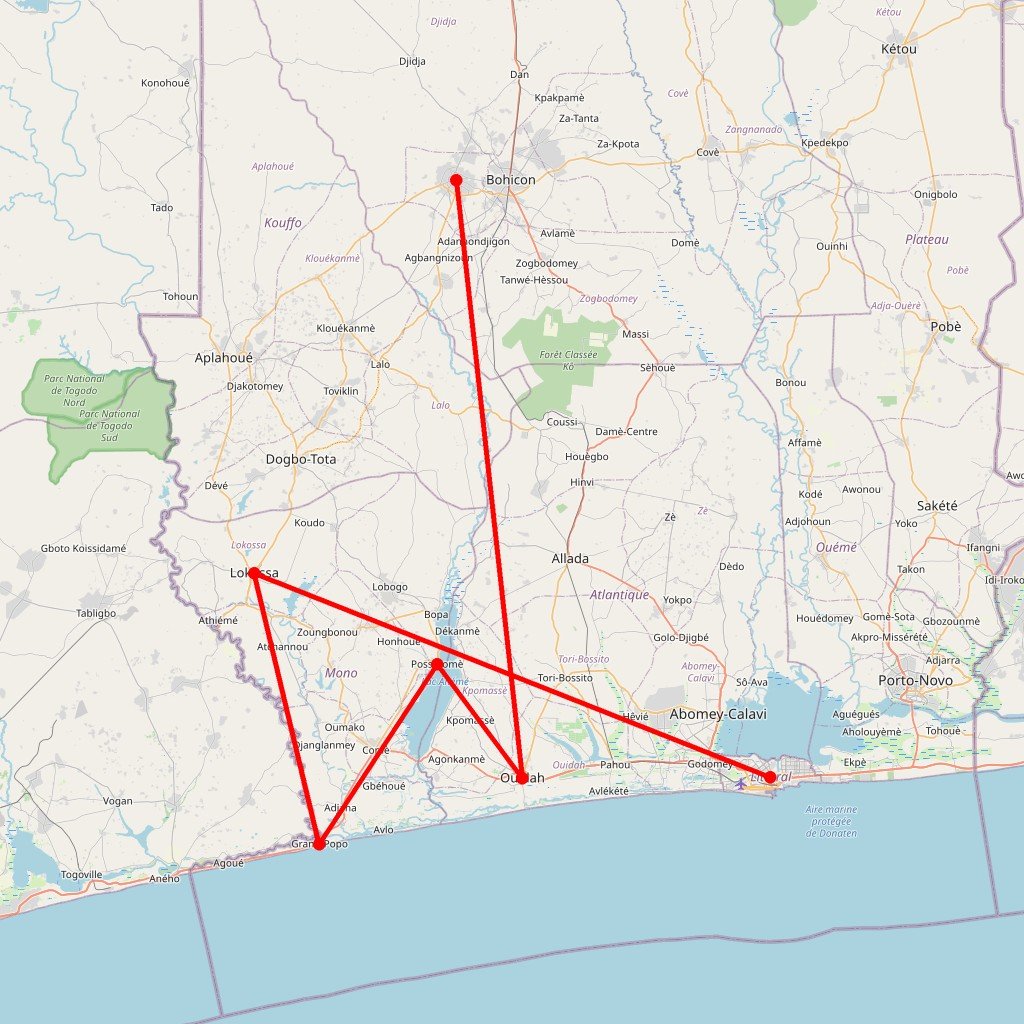 Carte de l'itinéraire du circuit En mobylette Simone ! en Bénin