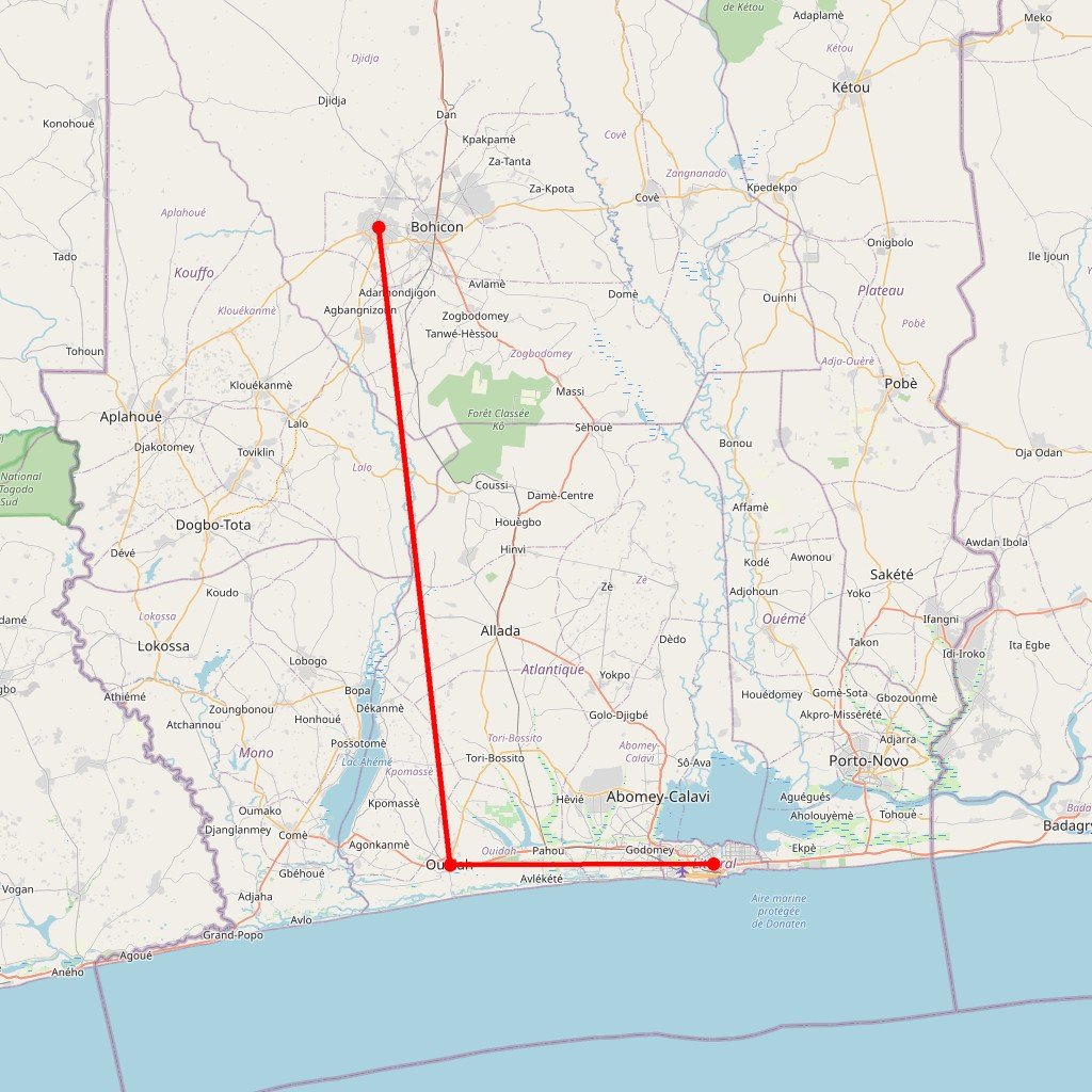 Carte de l'itinéraire du circuit Voyage solidaire au Bénin en Bénin