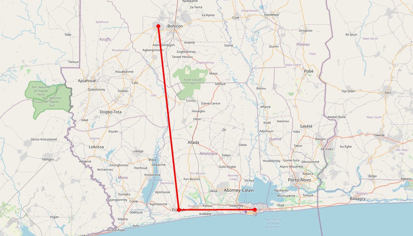 Carte de l'itinéraire du circuit Circuit Voyage solidaire au Bénin en Bénin