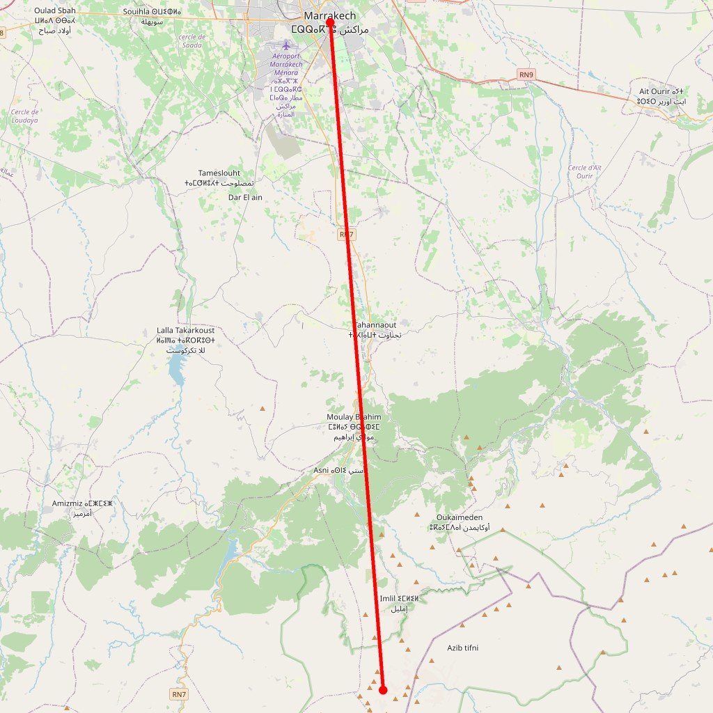 Carte de l'itinéraire du circuit Toubkal Express & Marrakech en Maroc