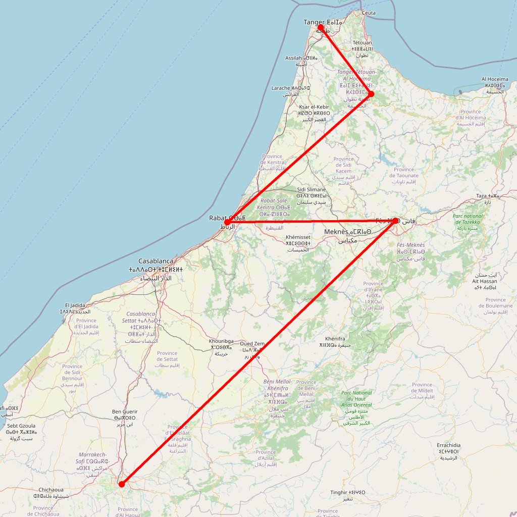 Carte de l'itinéraire du circuit Des cités impériales à Chefchaouen en Maroc