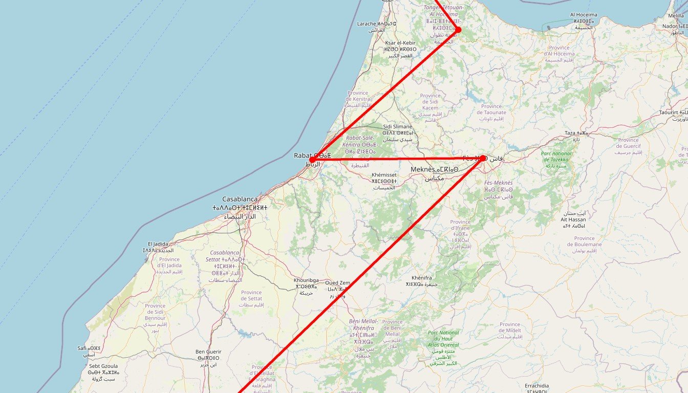 Carte de l'itinéraire du circuit Circuit Des cités impériales à Chefchaouen en Maroc