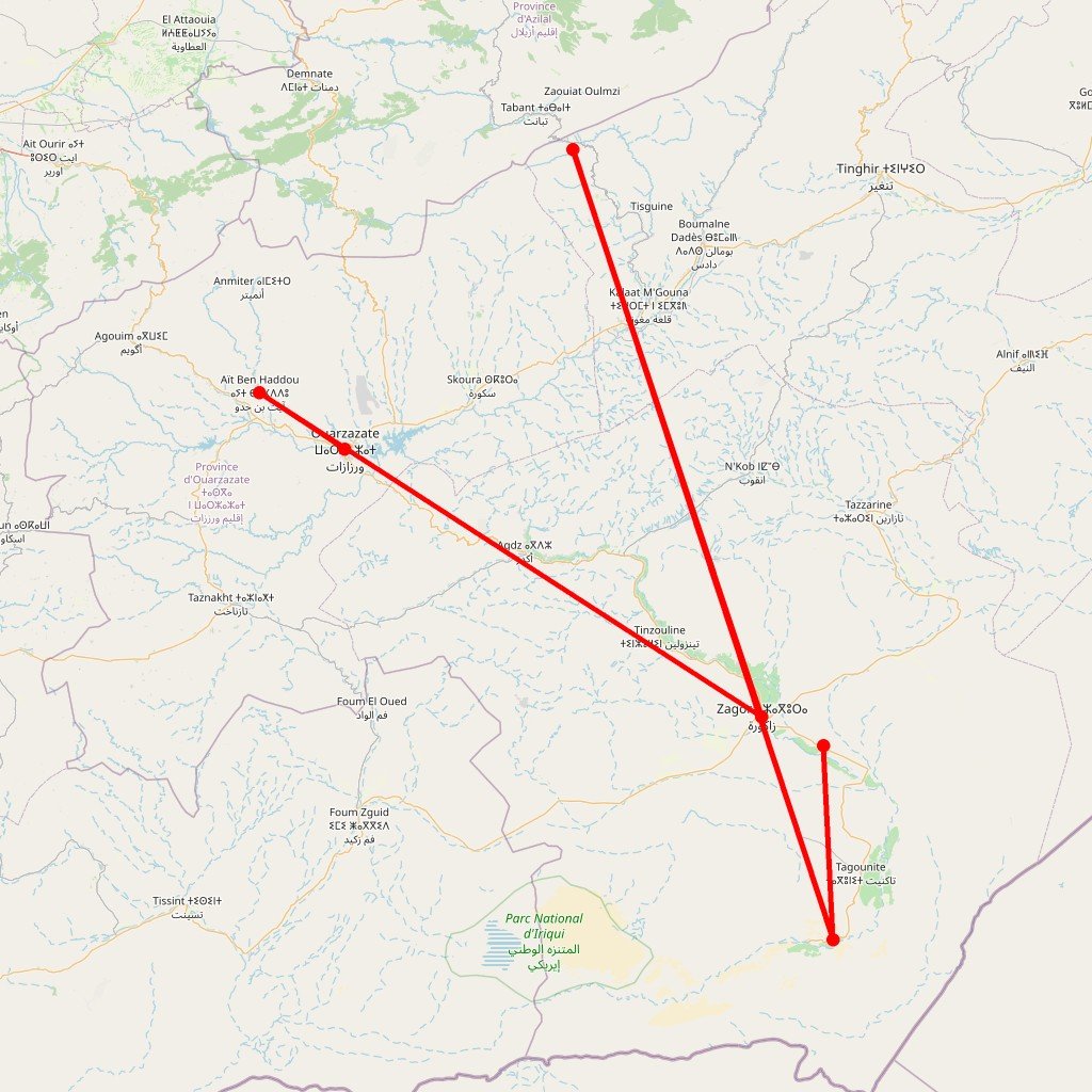 Carte de l'itinéraire du circuit Petits Pachas au Sahara en Maroc